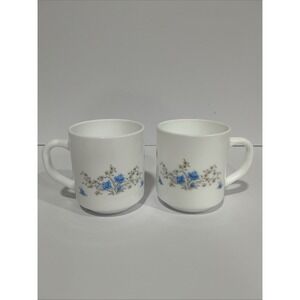 Arcopal France Romantique 2 Coffee Mugs /Tea Cups, Milk Glass, Blue Floral, VTG